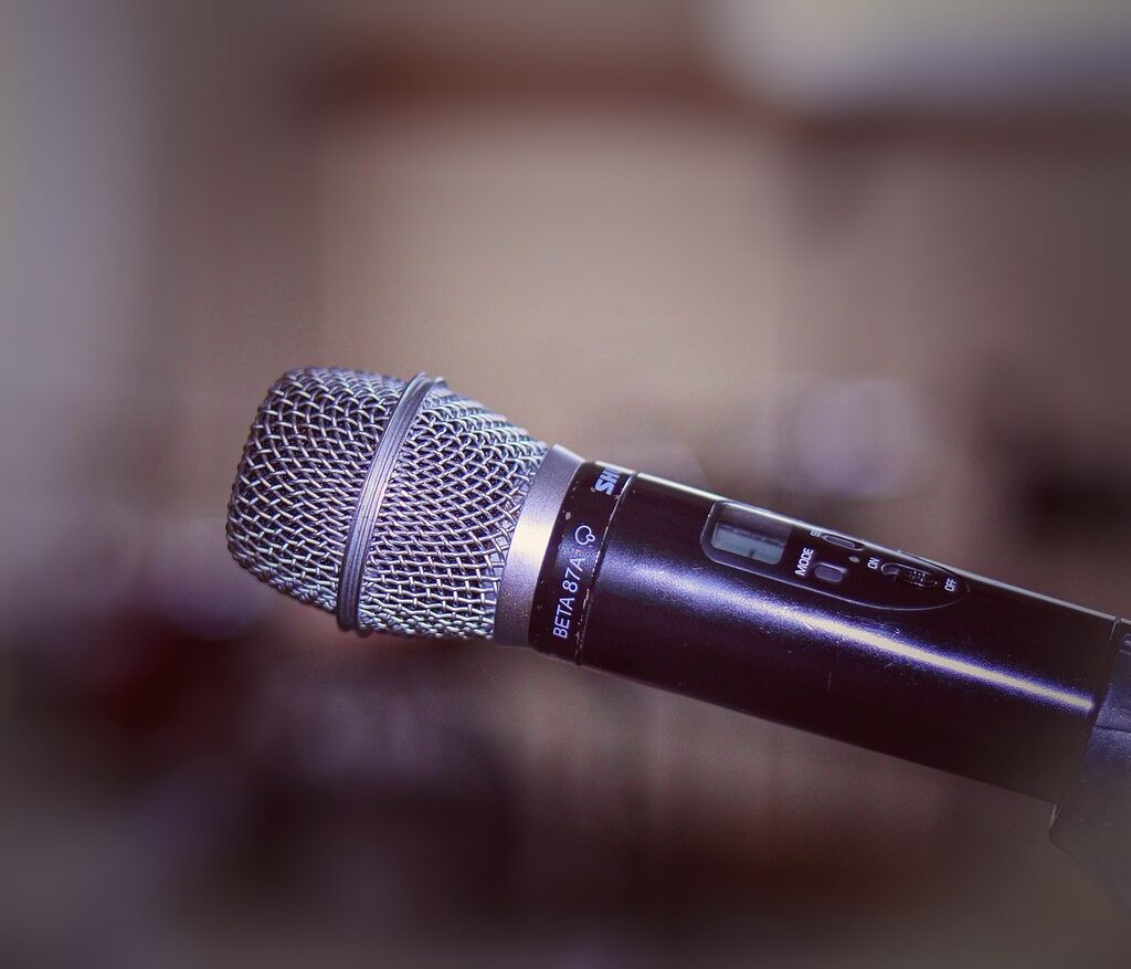 Close-up of a handheld dynamic microphone with metal mesh grille and on/off switch, set against a softly blurred background.