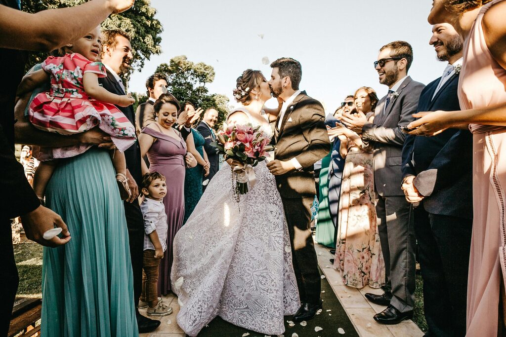 Couple kissing at their wedding